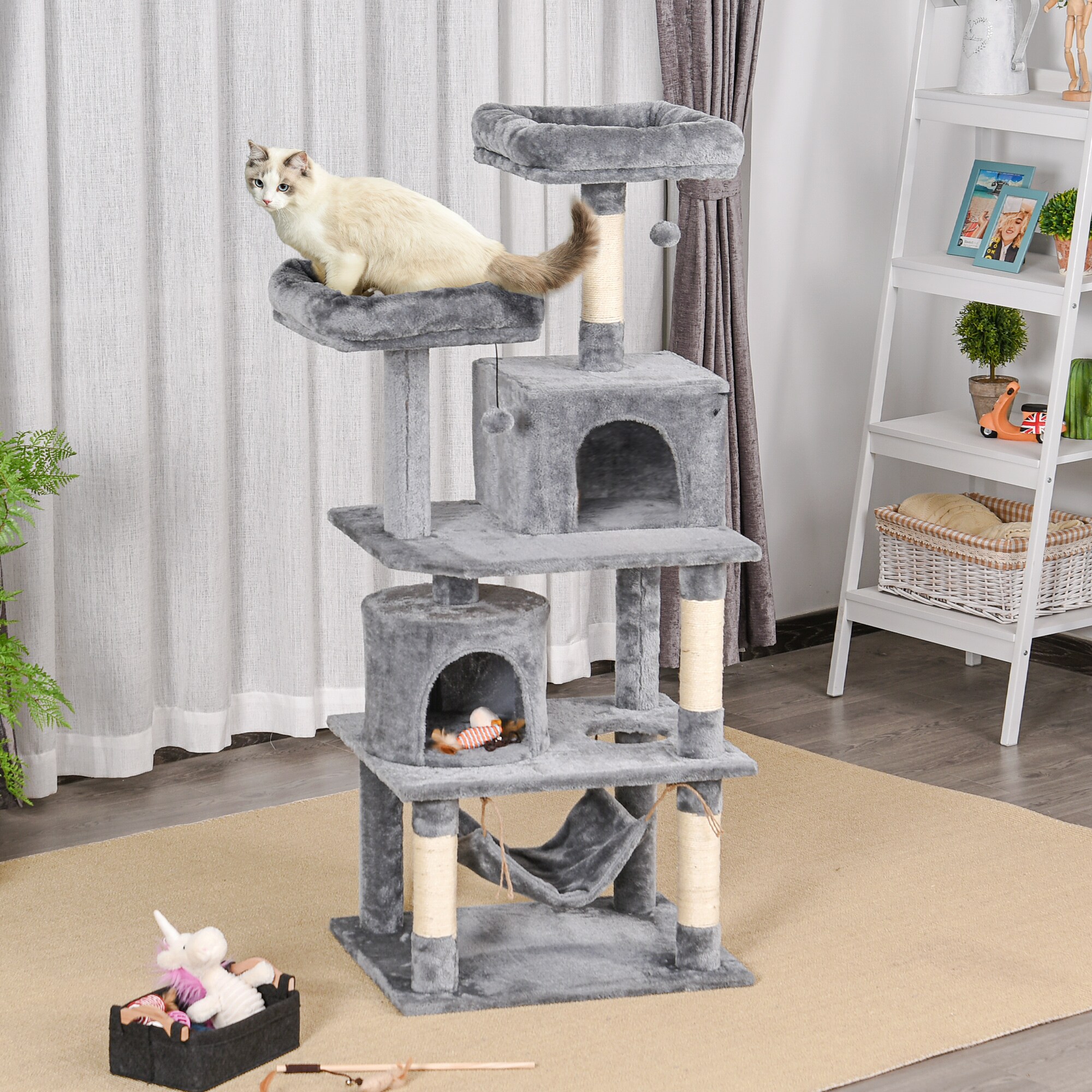 PawHut Kratzbaum mit Spielbällen und Kuschelhöhle grau 60 x 50 x 145 cm (BxTxH)