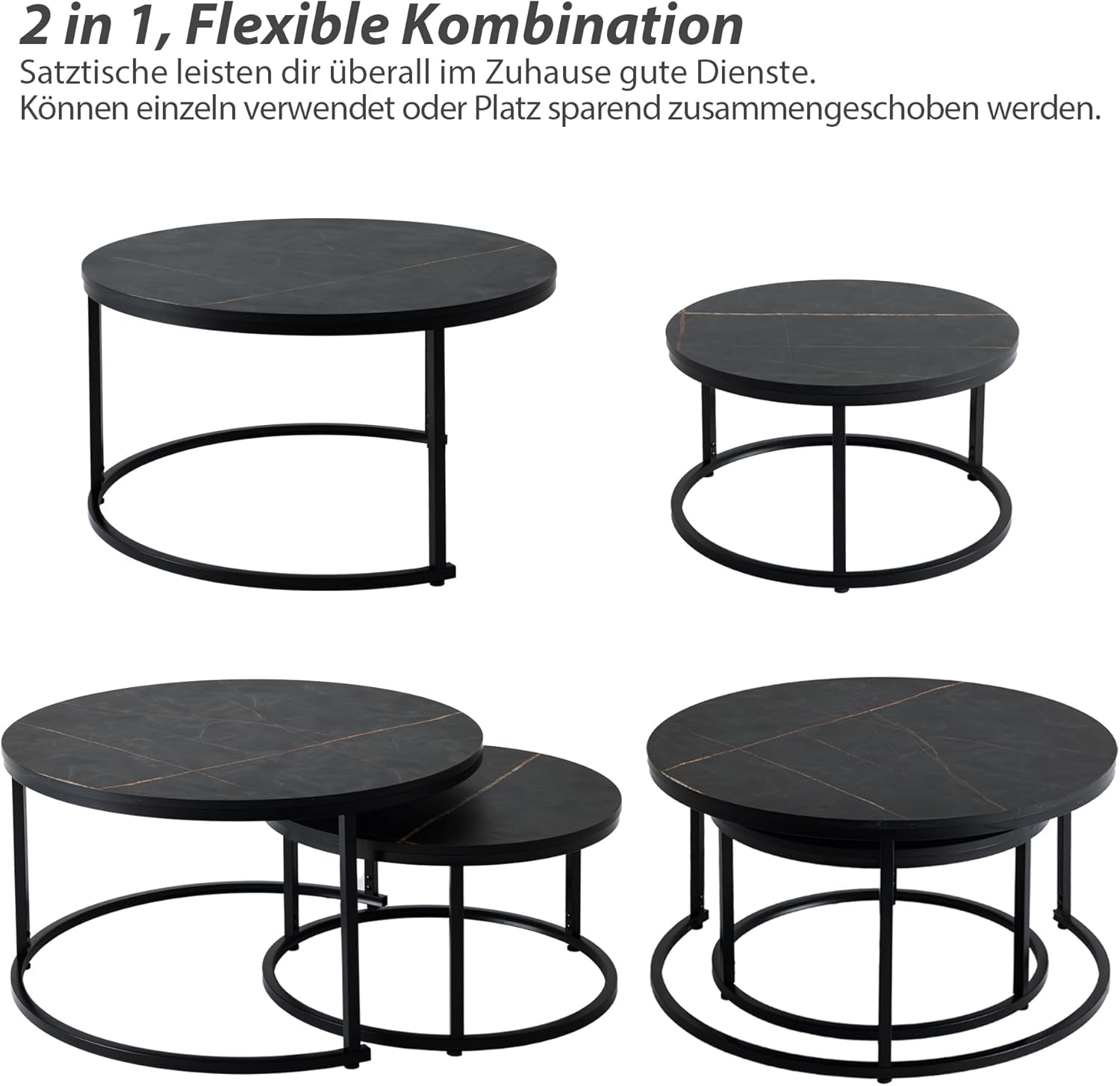 Satztisch mit 2 Set Couchtisch aus Holz, Moderne Kaffeetische 2er Set, Couch Beistelltisch mit Schwarz-Gold Marmor, Runder Sofatisch Wohnzimmer Tisch Riess Ambiente, Dunkel Schwarz