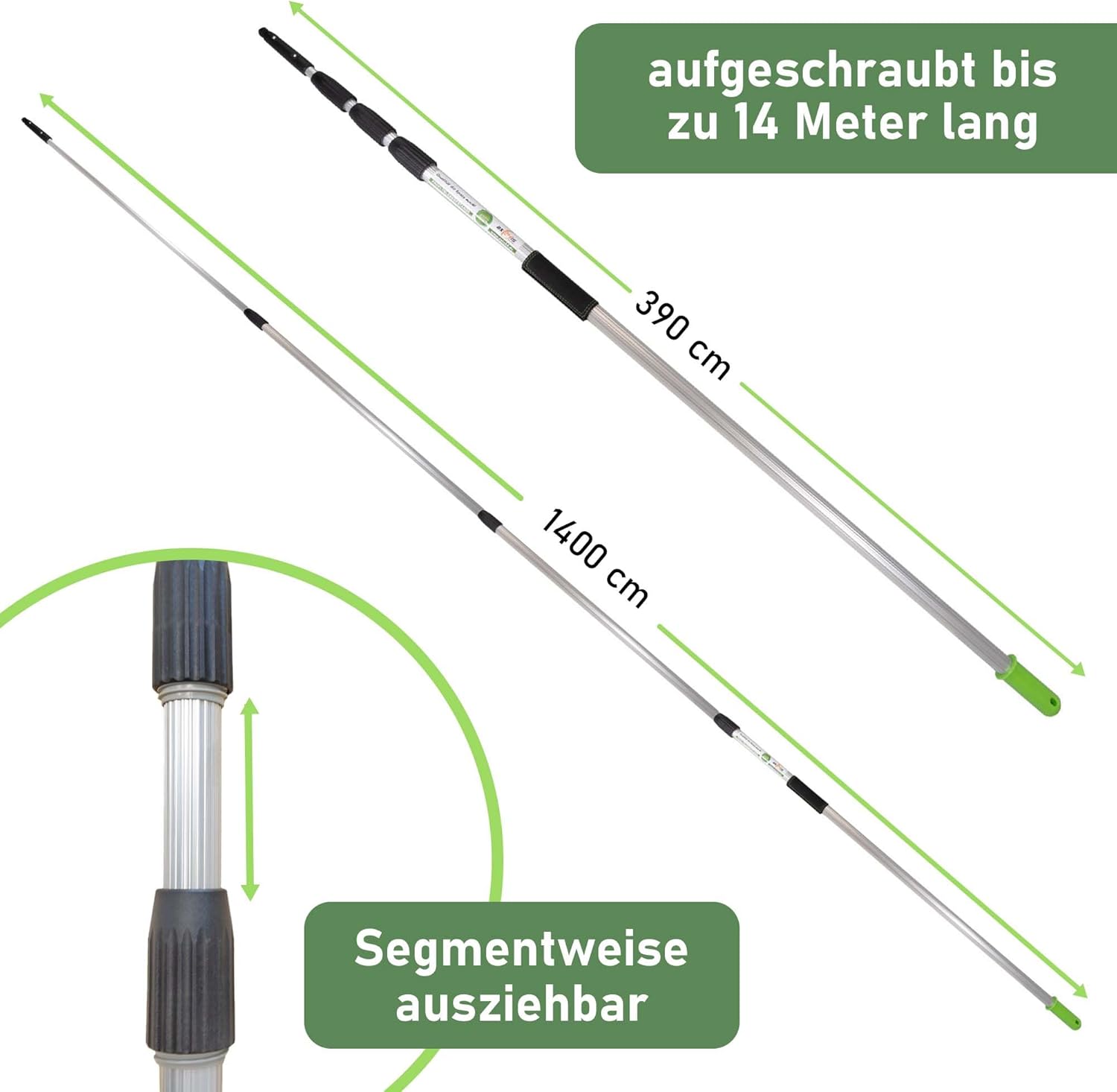 Profi Teleskopstange 14 Meter | 5 Stangen wählbar 8/10 / 12/14 / 16 Meter | Profi Edition mit Gleitstein + Grip Protector | Reinigen von Glas Fenster Terassendach Solar (14 M)