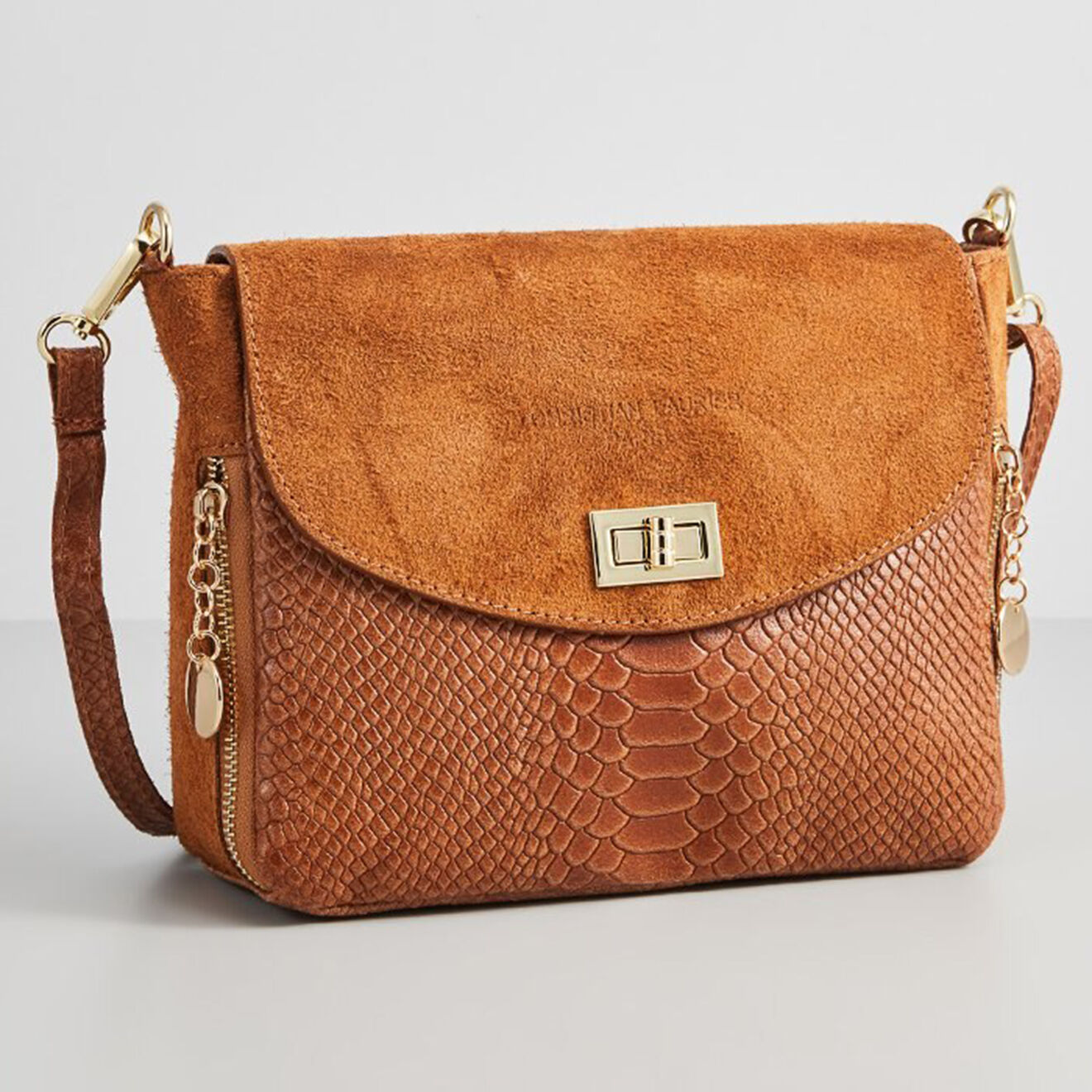 Christian Laurier Sac bandoulière en Velours de Cuir & Cuir croco Acil camel -  23x18.5x8 cm