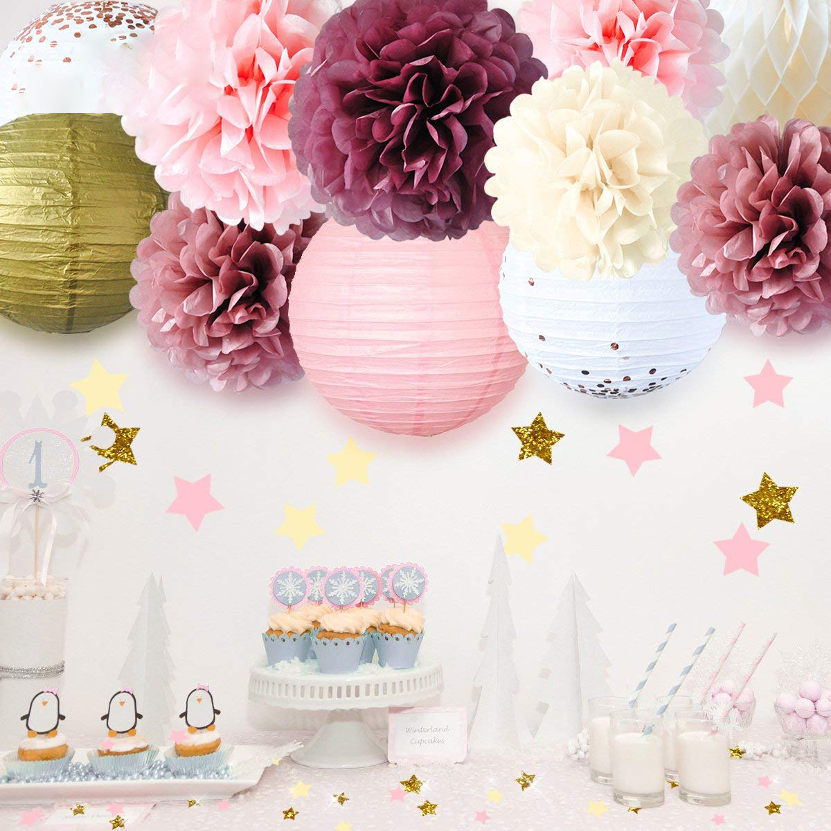 (12-tlg. Set) Papier Lampion Pompon's Deko Party / Geburtstag / Hochzeit - Rosa / Weinrot / Gold