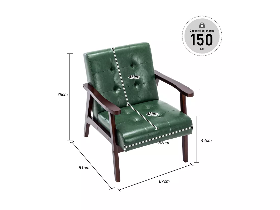 Fauteuil en bois au design scandinave et cuir Vert-L 67 x L 76 x H 76 cm