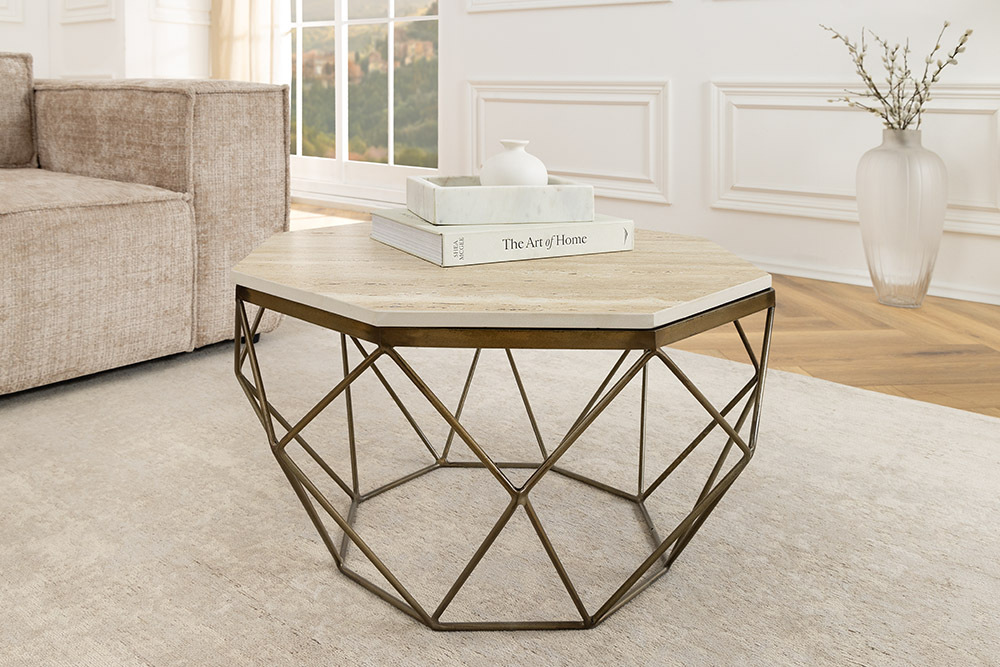 Handgefertigter Couchtisch DIAMOND 70cm beige Travertin messing Eisen