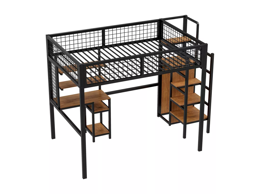 Lit mezzanine enfant 140x200 cm avec structure en fer - avec échelle de rangement、une penderie et un bureau - Noir
