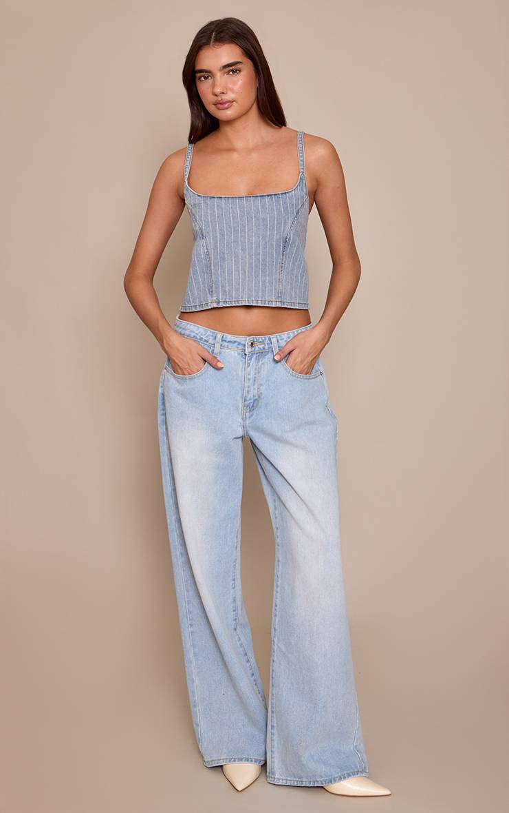 Bleu Clair Top Court En Denim À Fines Rayures