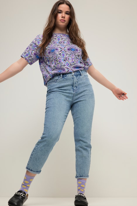 Mom-Jeans, Color-Nähte, 5-Pocket, Elastikbund, Zippfly