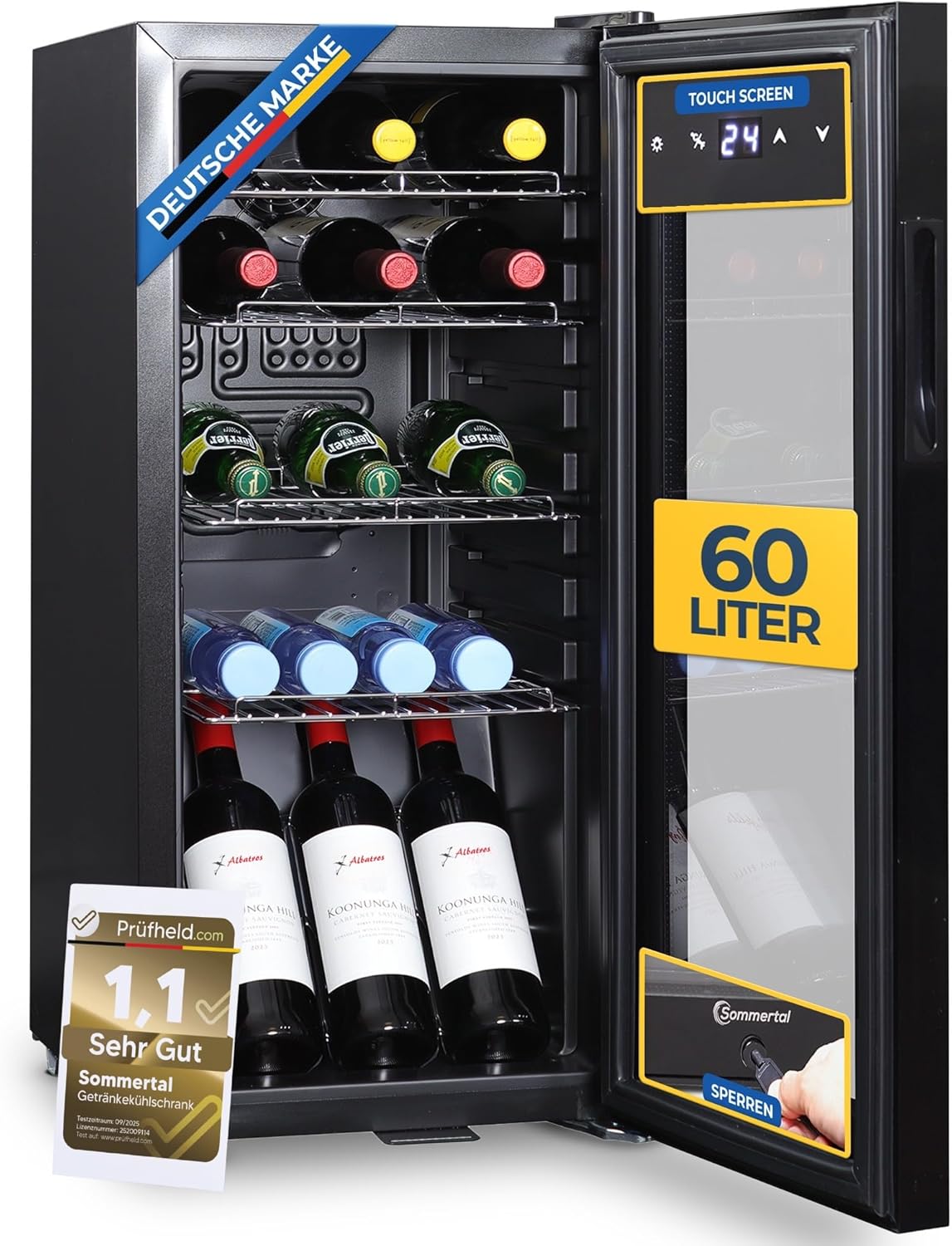 Kühlschrank mit Glastür GK60– Leiser Getränkekühlschrank mit LED, Touchscreen & Schloss kleiner Flaschenkühlschrank schwarz 60L