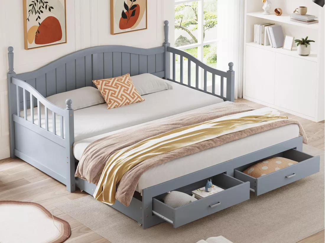 Canapé-lit pliant en bois massif - avec colonnes romaines - dossier et accoudoirs courbés - avec 2 tiroirs - gris (matelas non inclus)