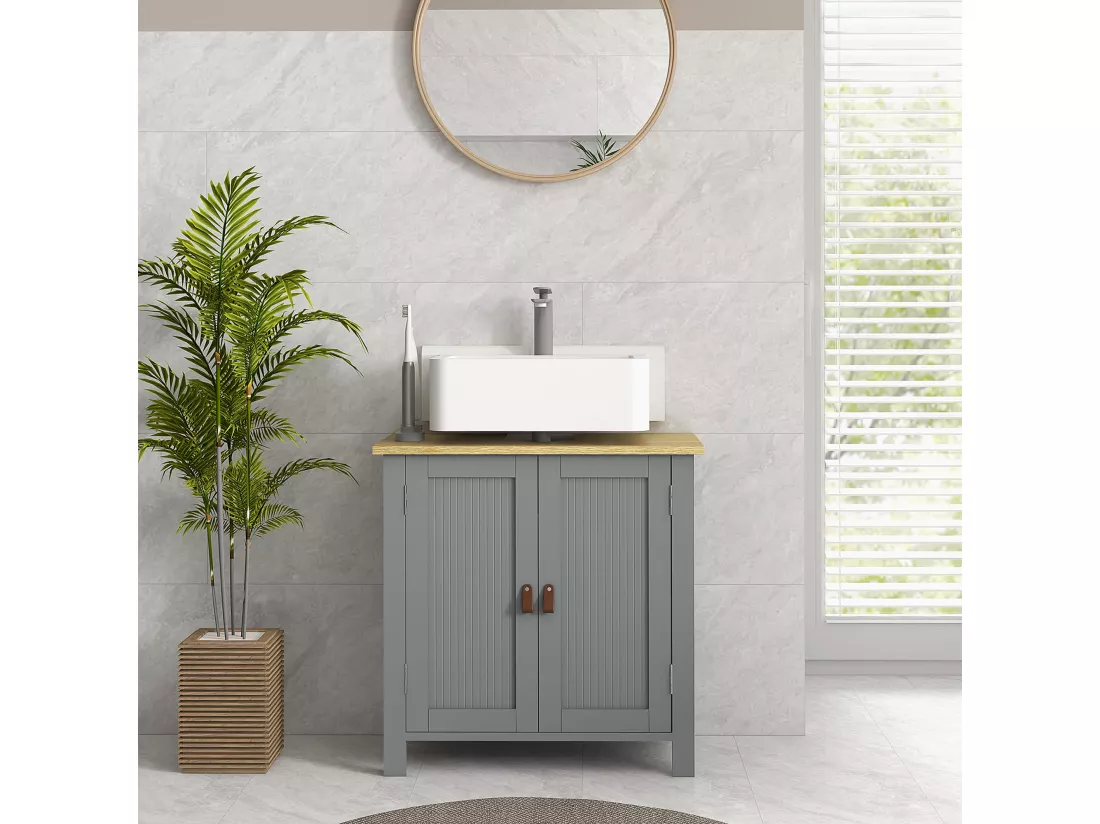 Meuble salle de bain sur pied - meuble sous-vasque - 2 portes, étagère - MDF panneaux aspect bois clair gris