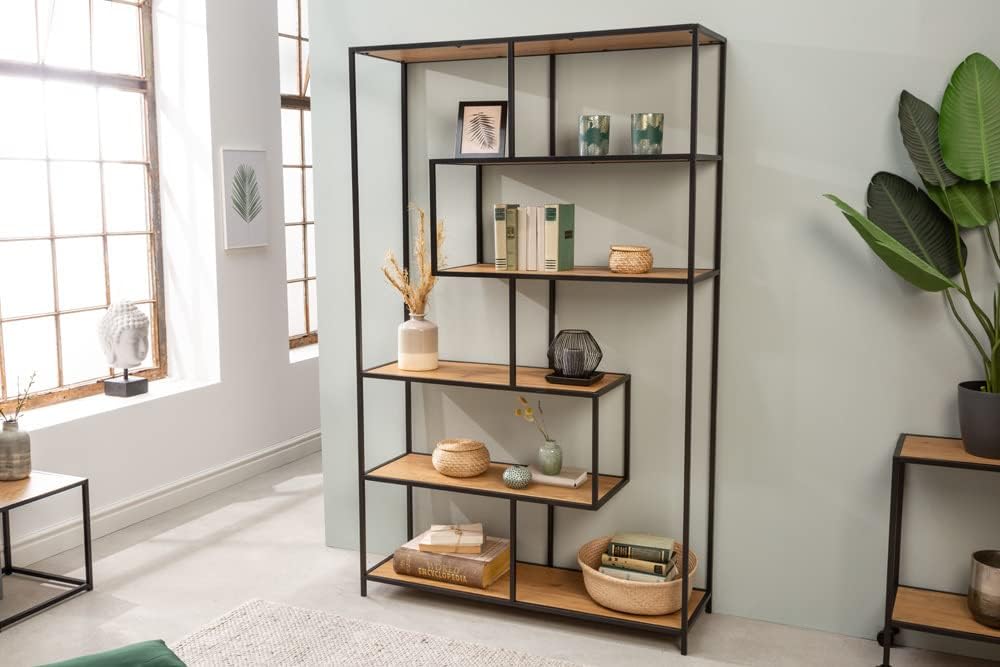 Riess Ambiente Industrial Bücherregal Slim LINE 185cm Wildeiche schwarz sechs Regalböden Standregal Wohnzimmerregal Regal