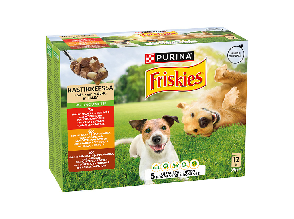 COMIDA HÚMIDA PARA CÃO ADULTO FRISKIES VACA / FRANGO / BORREGO 12X85G