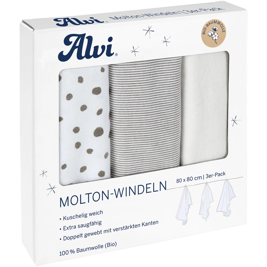 Alvi® Molton-Windeln 3er Pack Aqua Dot 80 x 80 cm
