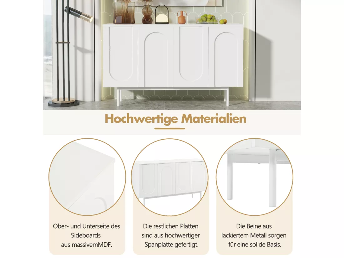 Buffet moderne avec 4 portes - 140 x 42 x 80 cm - bois MDF - coloris blanc