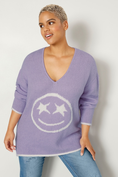 Pullover, oversized, Smiley, V-Ausschnitt, Langarm