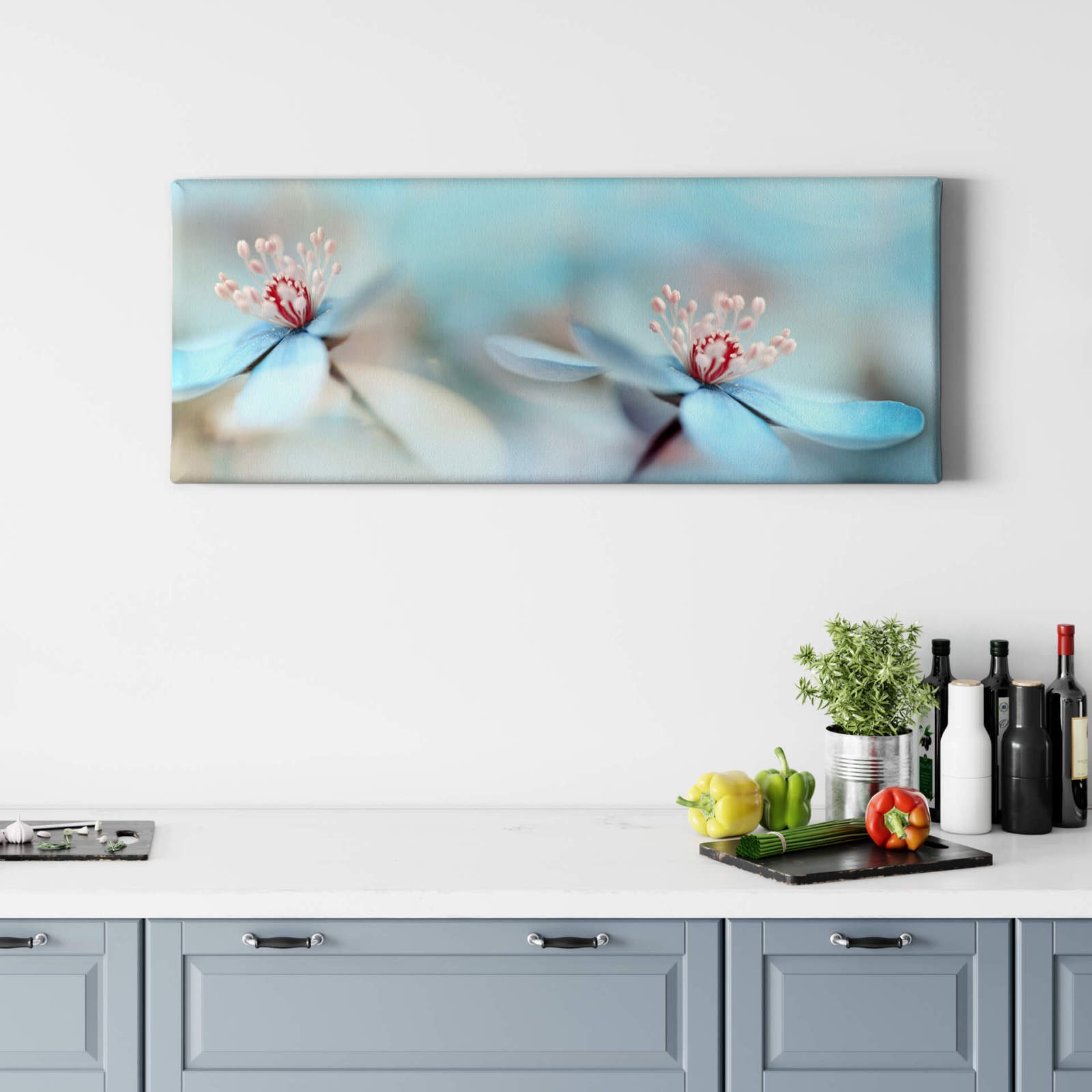 Leinwandbild BLUMENFELD - blau-weiß - 100x40 cm