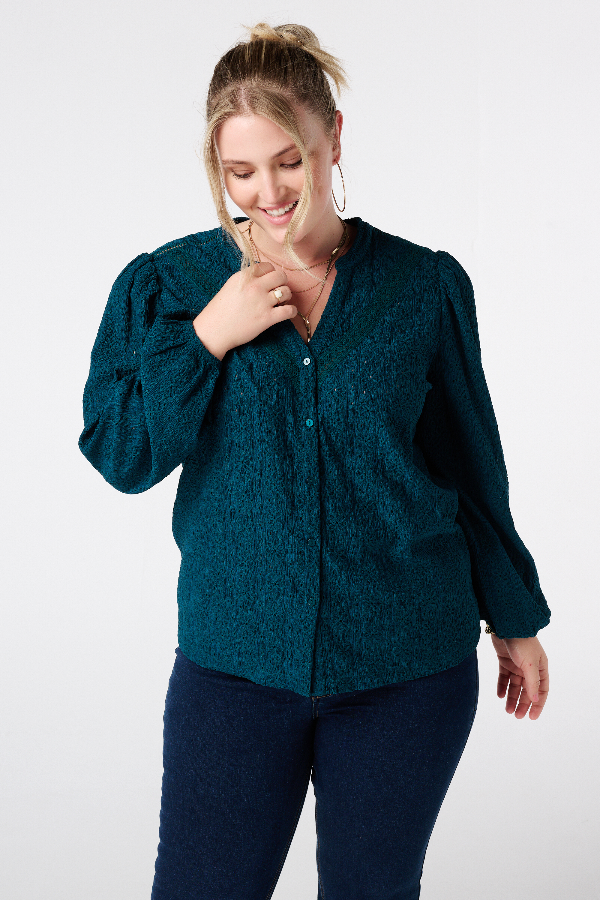 Jersey top met stretch met pofmouw Donker petrol