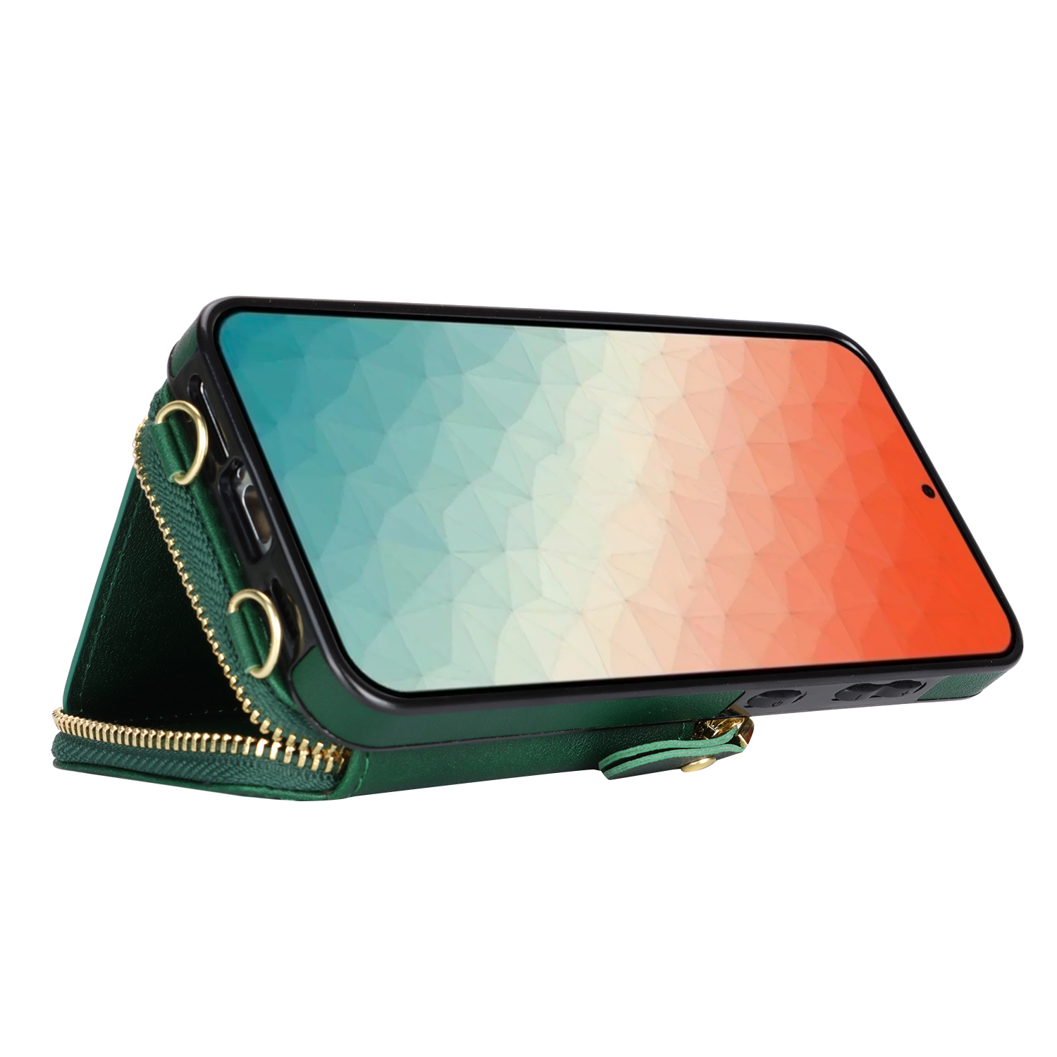 Samsung Galaxy S24 Necklace Leder Schutz Hülle mit Kartenfächer   Handykette (140cm) - Dunkelgrün