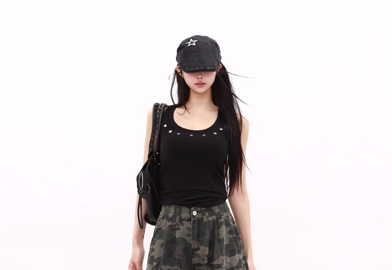 AXEN - Camo Print Washed Capri Cargo Jeans met wijde pijpen en middelhoge taille