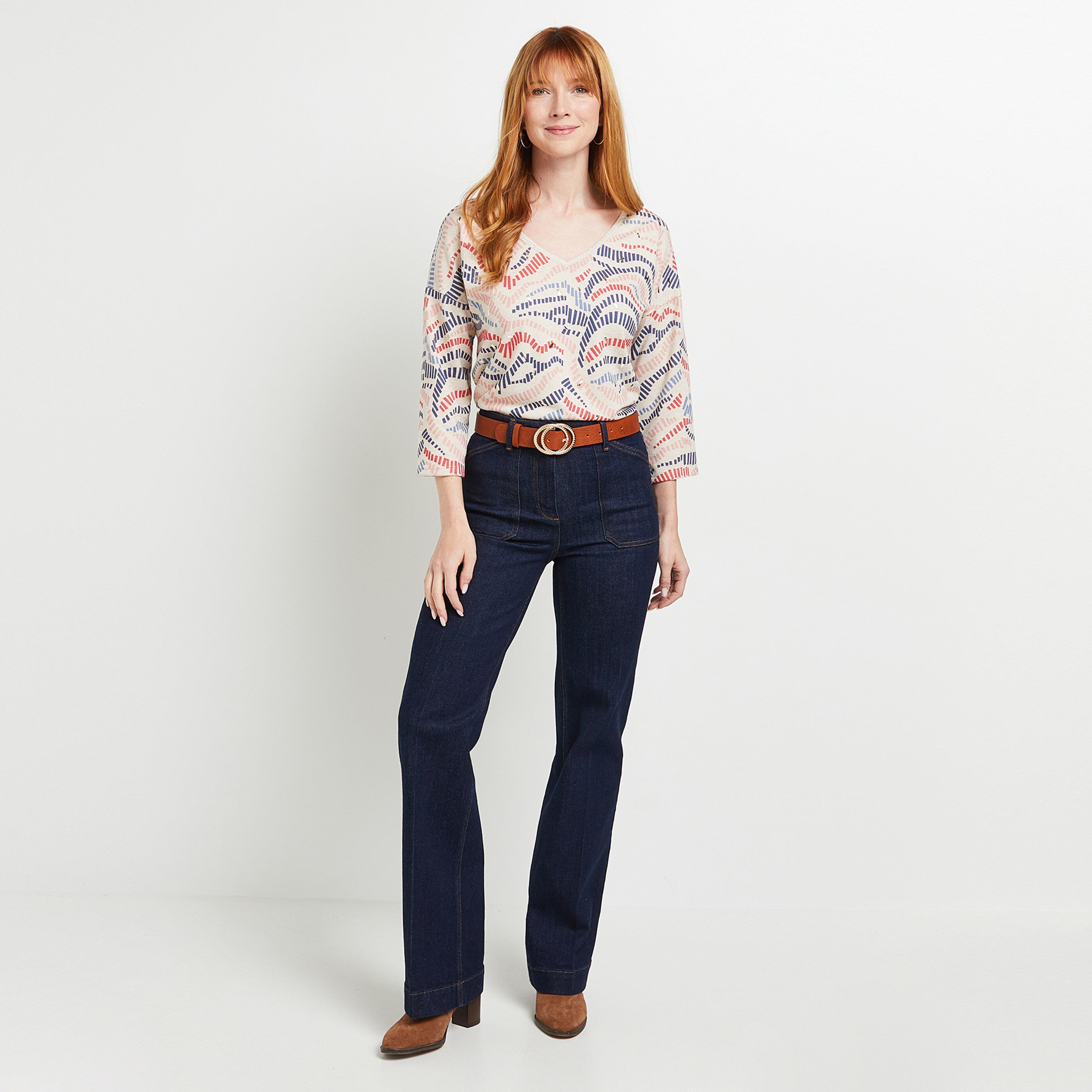 T-shirt en maille col V femme - BEIGE