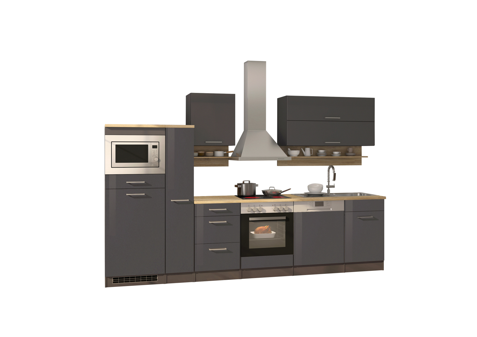 Küchenblock ROM - grau Hochglanz - mit E-Geräten - 310 cm