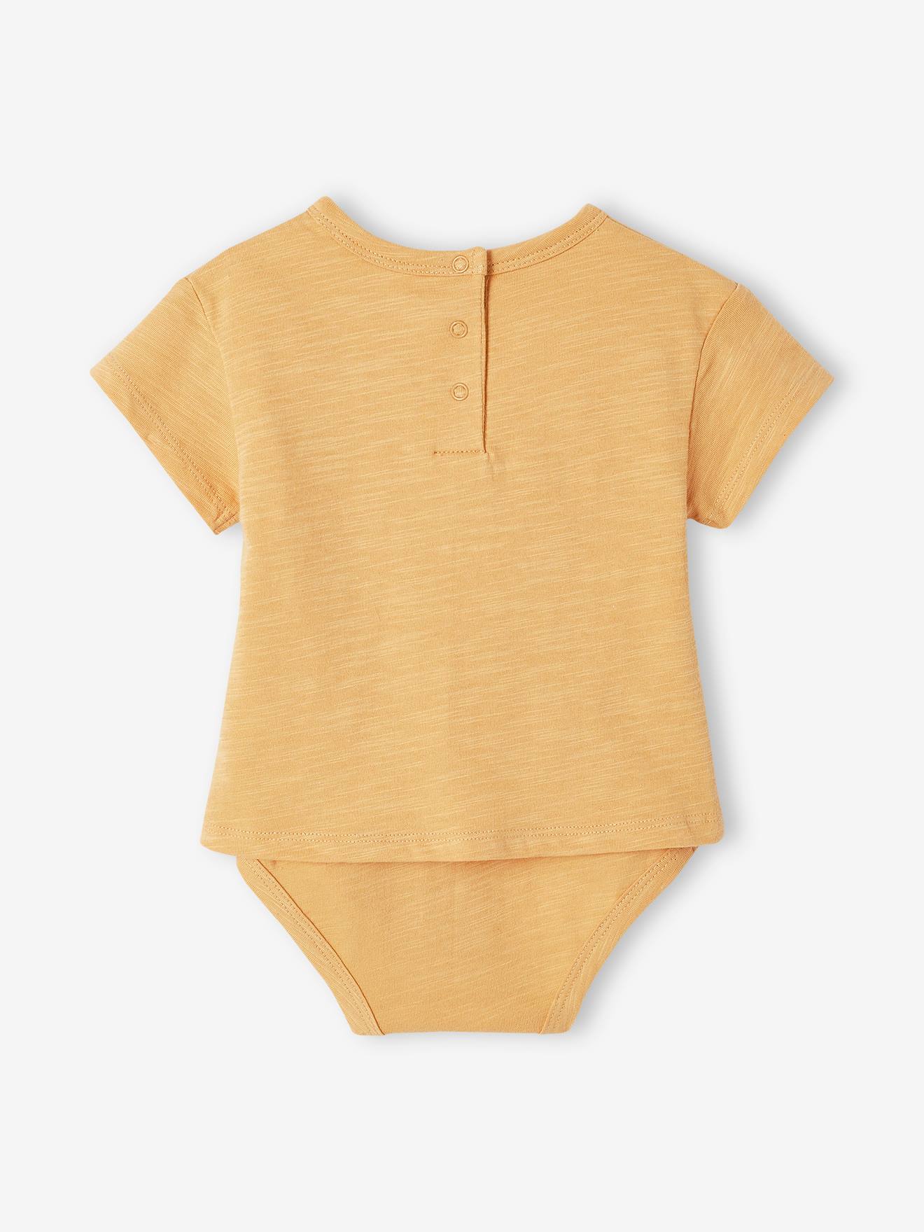Camiseta/body infantil de manga curta amarelo claro com estampa de palmeiras