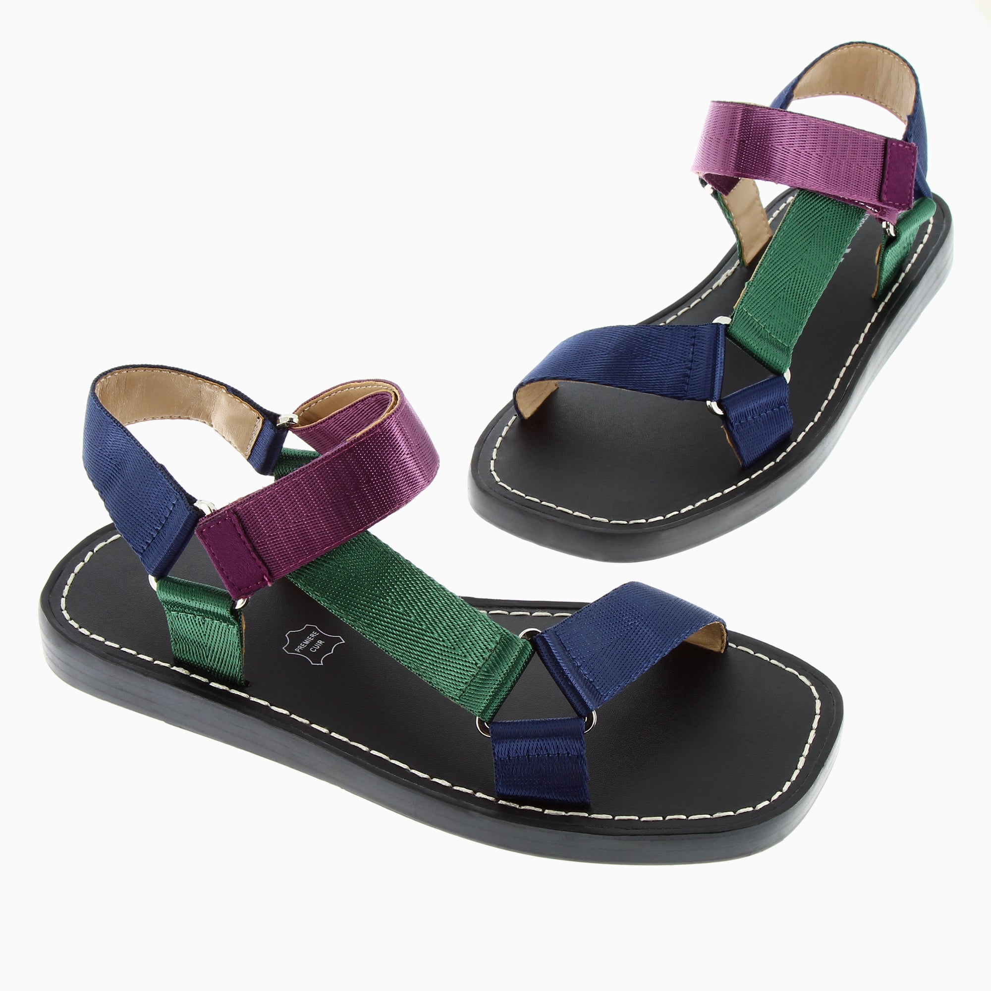 Sandales plates-Sandales plates Laurence en tissus violet, vert et marine