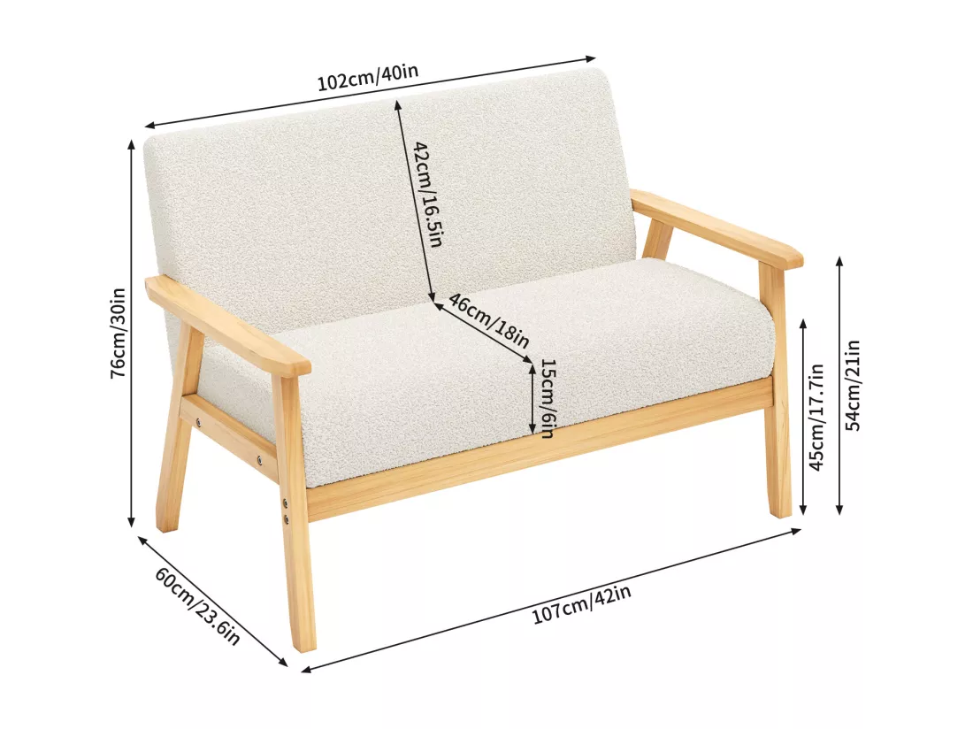 Canapé 2 places salon moderne, en Polaire Teddy, cadre en bois, Beige, 107x60x76cm