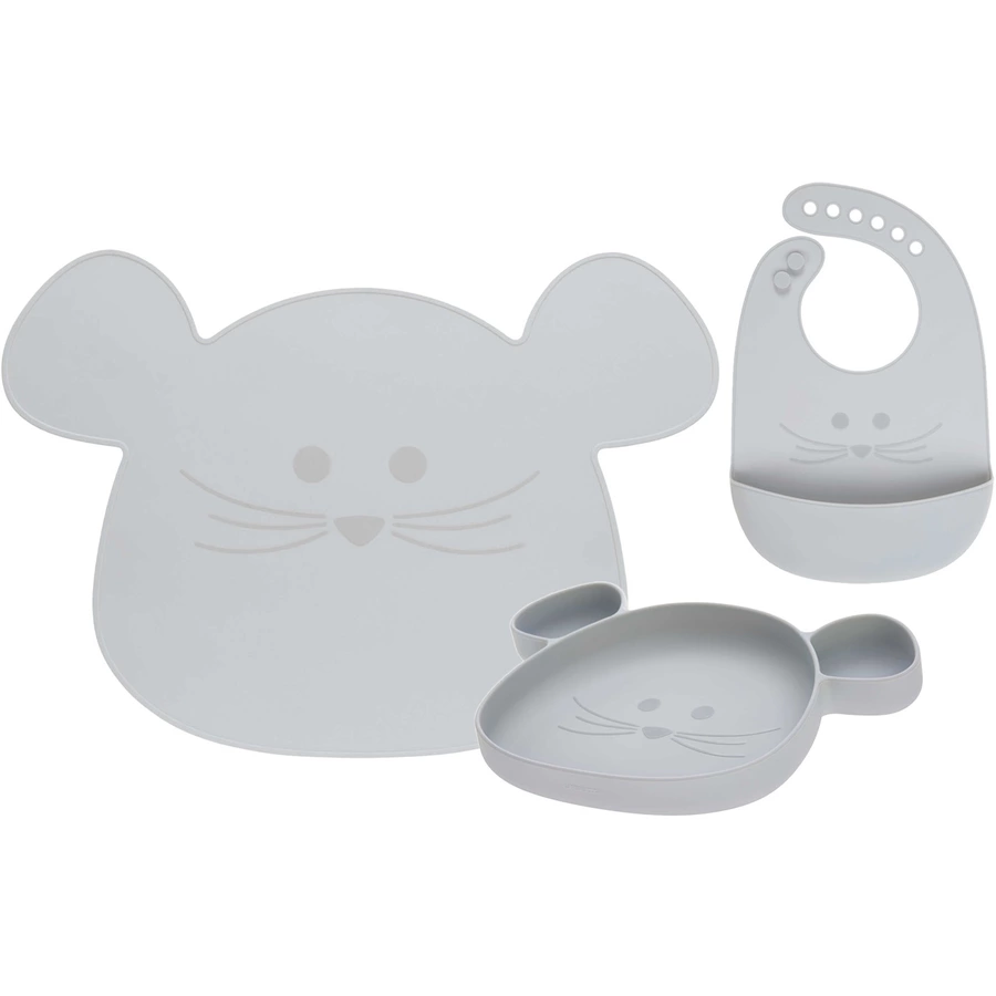 Lässig Silikon Geschirrset mit Lätzchen Little Chums 3er Set grau