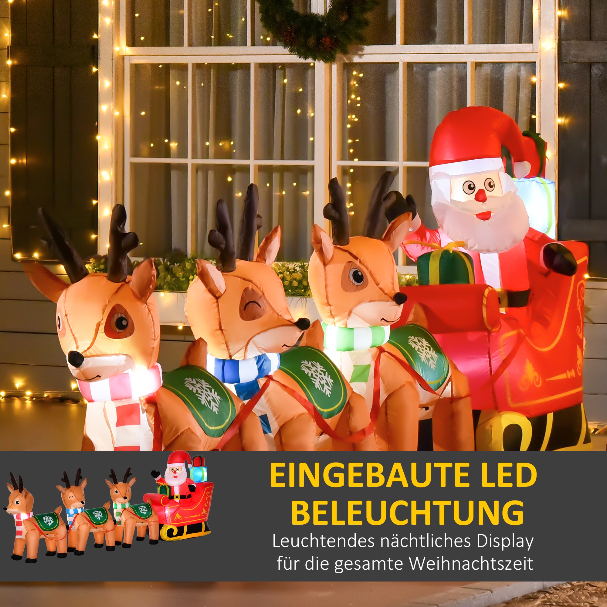 HOMCOM Aufblasbarer Weihnachtsmann mit Schlitten, 3 Hirschen und Beleuchtung bunt 319B x 59T x 132H cm