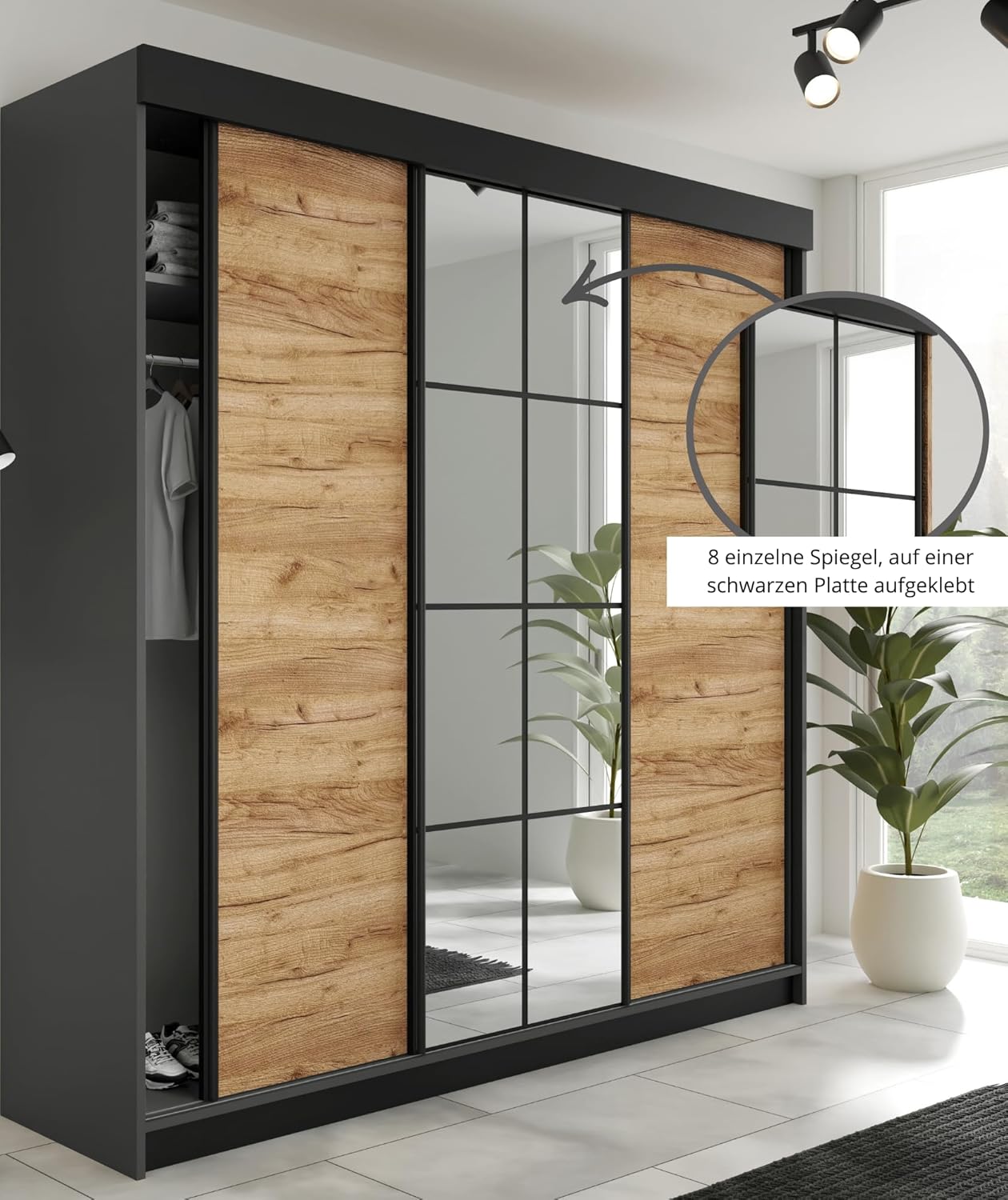 KIER FURNITURE Schiebegarderobe LAMARO mit Spiegel - Schrank Schlafzimmer - Schlafzimmerschrank - Wardrobe Bedroom - Kleiderschränke - Kleiderschrank - 200x205x59cm - Schwarz