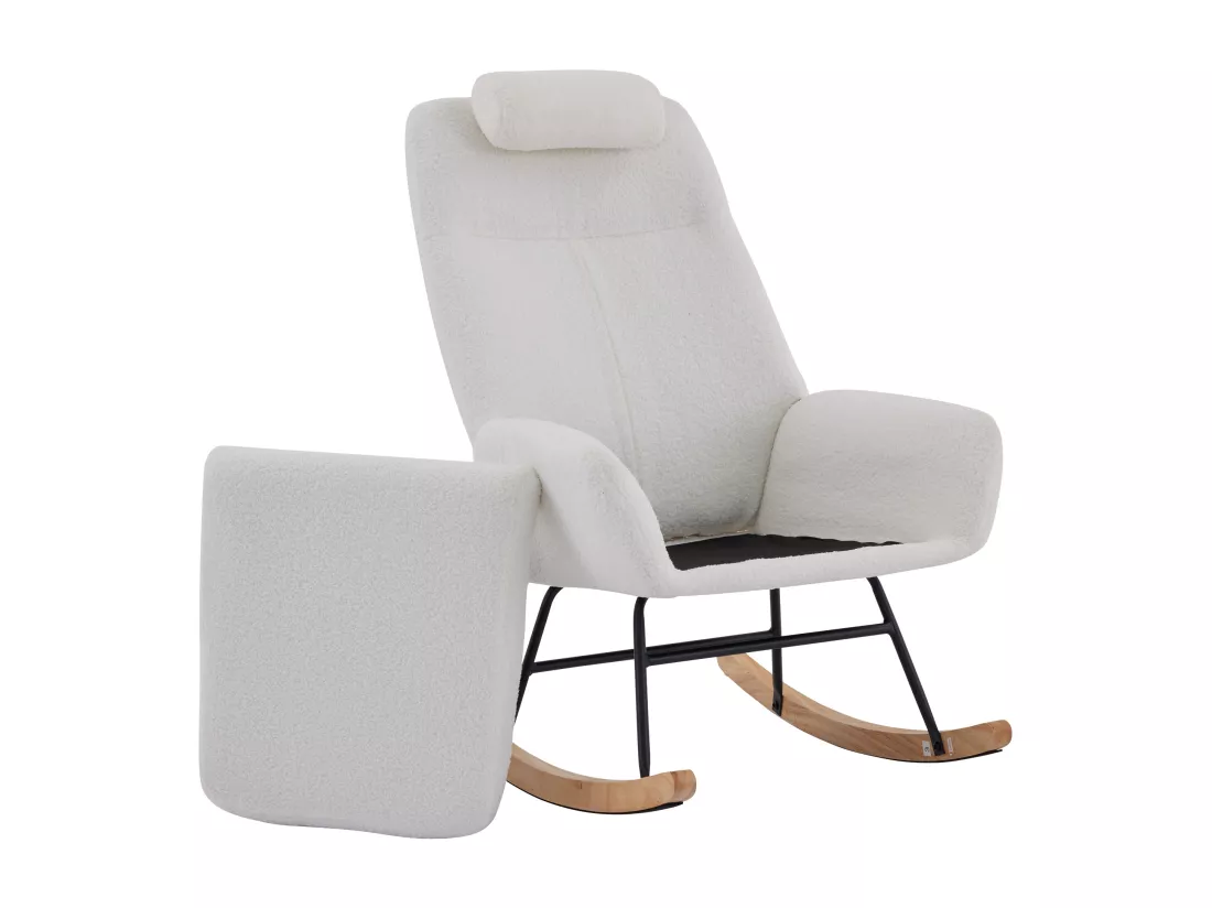 Fauteuil à bascule、Rocking chair en tissu teddy - avec appui-tête et repose-pieds - Blanc
