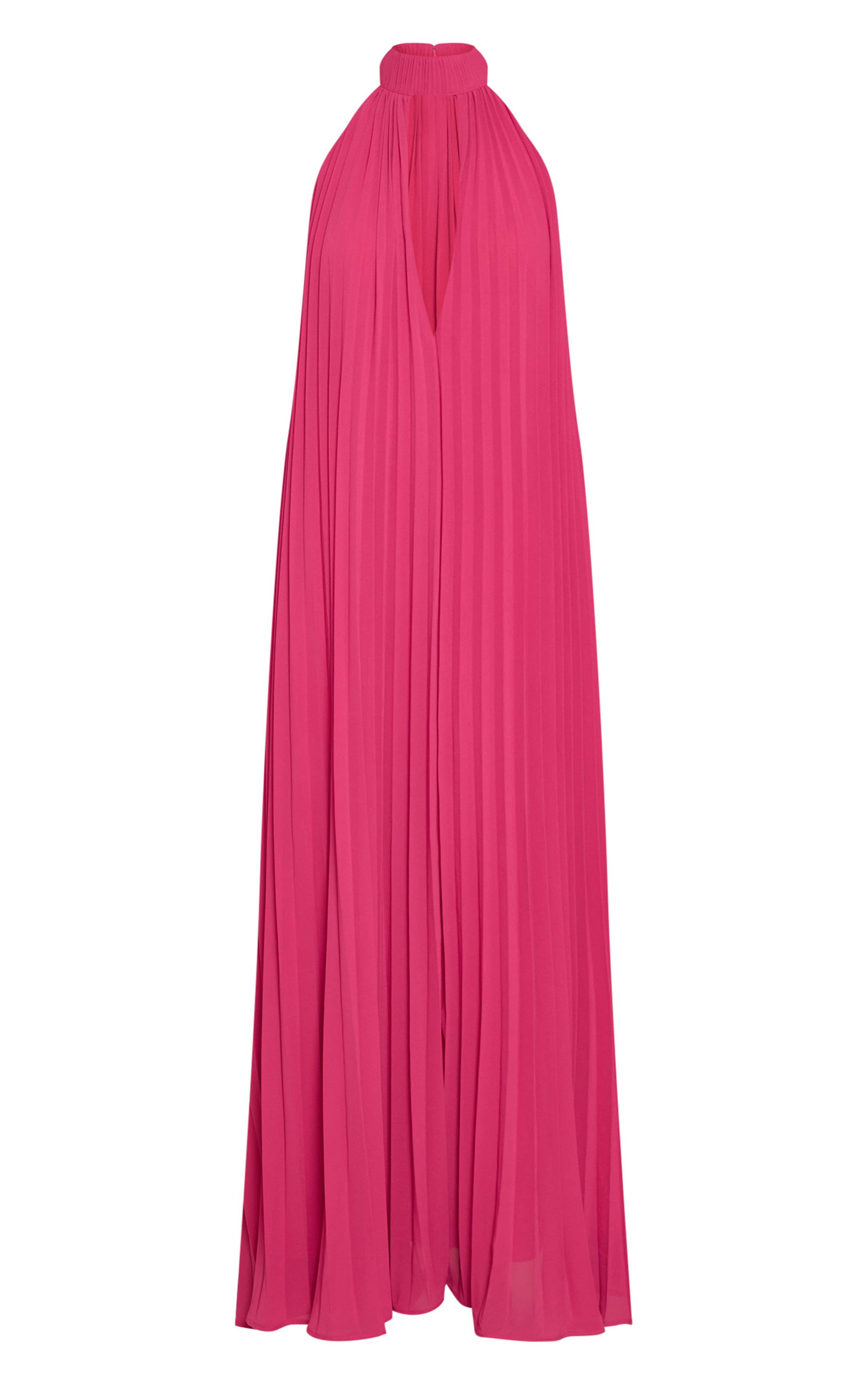 Rose Vif Robe Longue Plissée À Col Montant