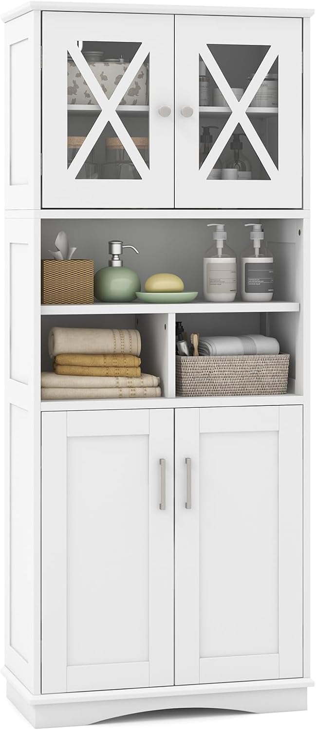COSTWAY Badezimmerschrank, Badschrank Hochschrank mit 3 verstellbaren Regalen & 4 Türen, Aufbewahrungsschrank Holz für Badezimmer, Wohnzimmer & Küche, 60 x 30 x 145 cm (Weiß)