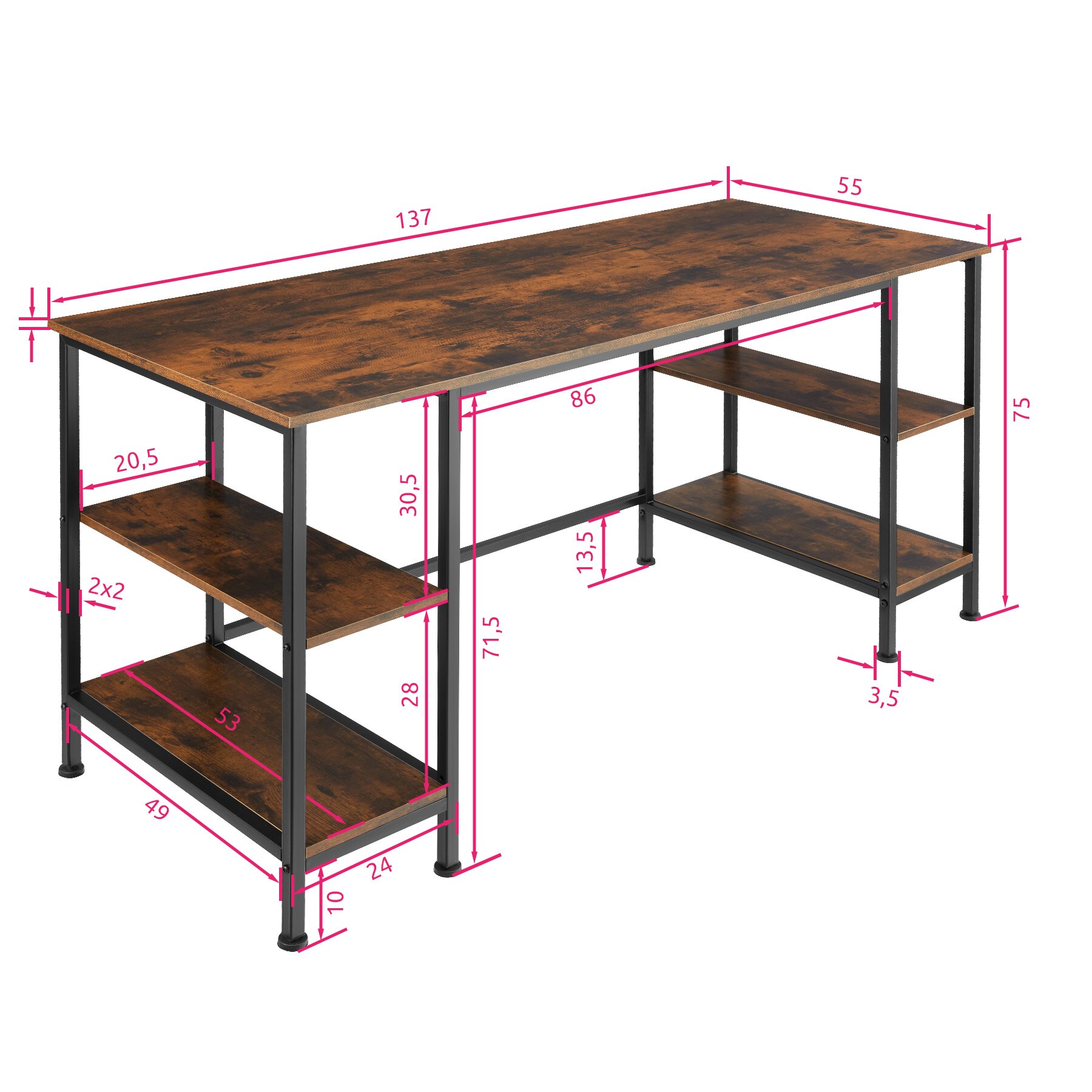 tectake® Computer-Schreibtisch, Industrial Style, 2 Seitenregale mit je 2 Ablagefächern, 137 x 55 x 75 cm