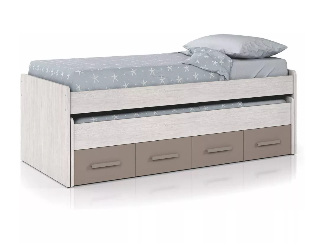 Lit simple Dmerli, Cadre de lit pour chambre à coucher, Lit simple avec lit extractible et 4 tiroirs, 198x96h69 cm, Blanc et Marron