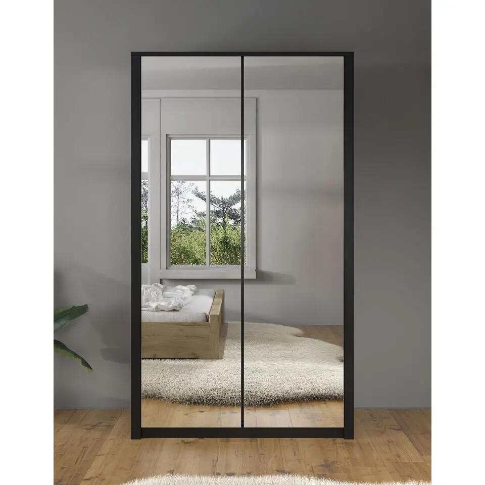 Meubella - Kledingkast Malibu - Mat zwart - 113 cm - Met spiegel