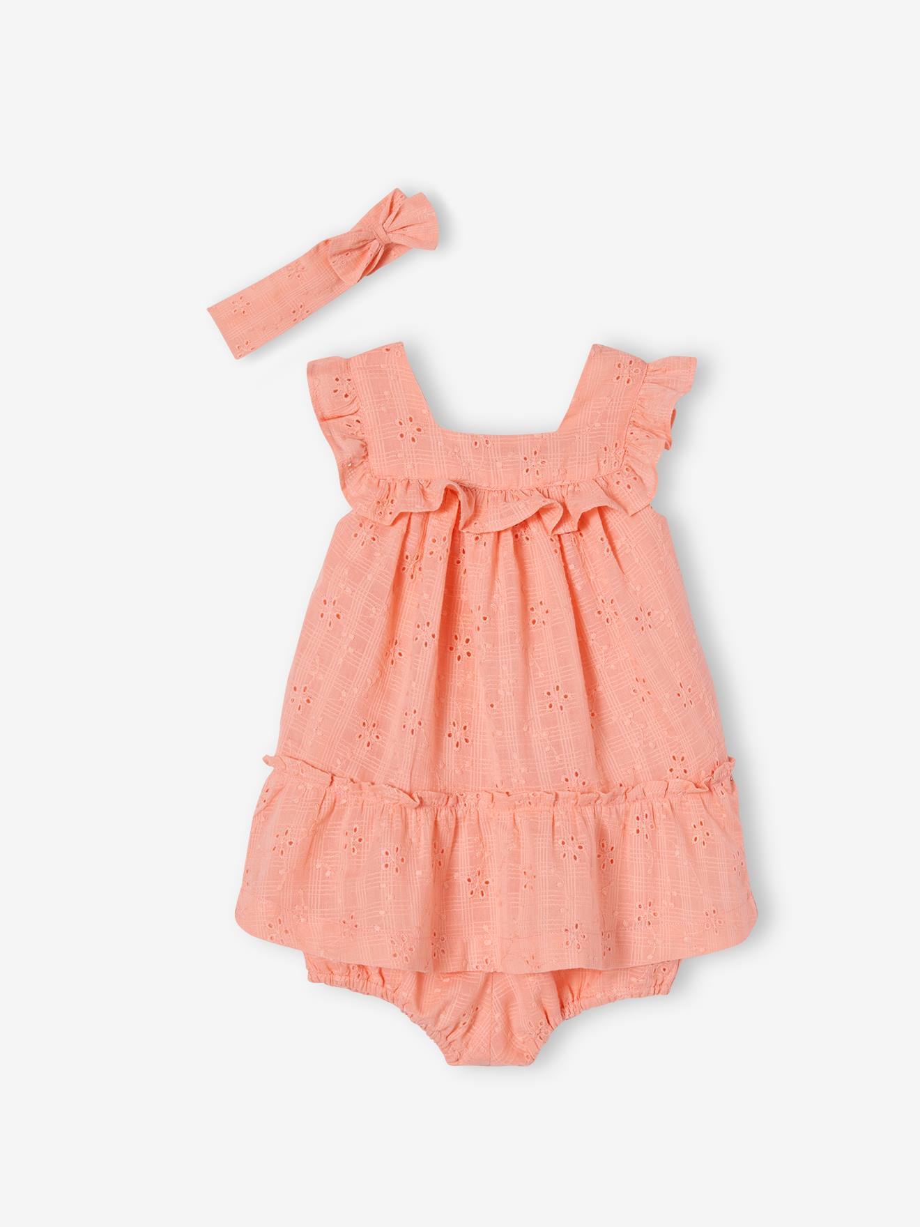 Conjunto de bordado inglês para bebê: vestido, calcinha e faixa de cabelo coral