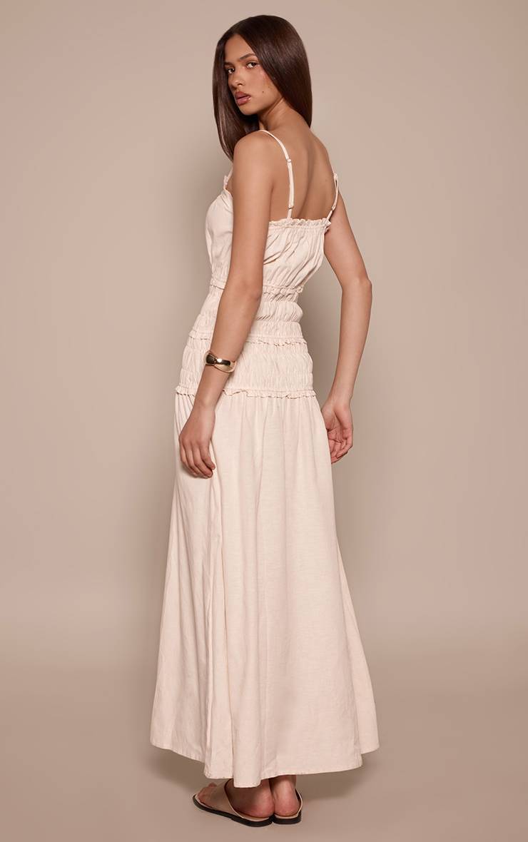 Crème Robe Longue Aspect Lin À Bretelles Avec Détails Froncés