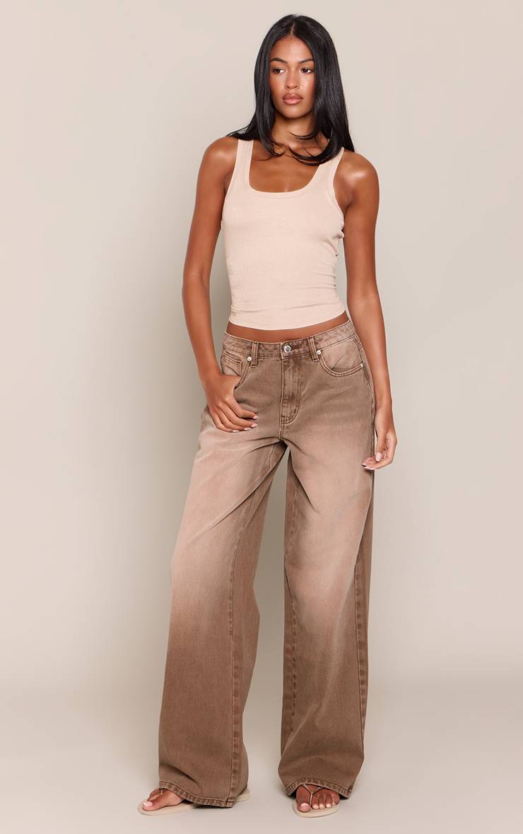 Marron Jean Taille Haute Délavé À Taille Basse Et Jambe Large