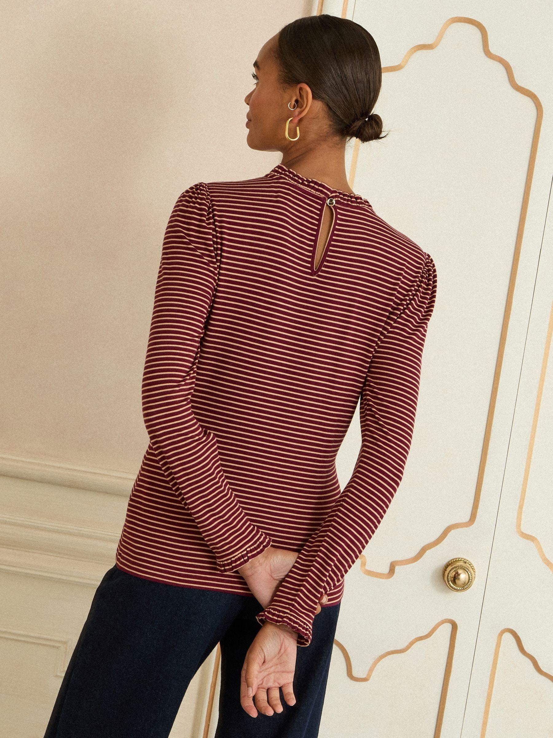 Burgundy Red And Beige Stripe - Love & Roses jersey top met ruches aan de hals en lange mouwen