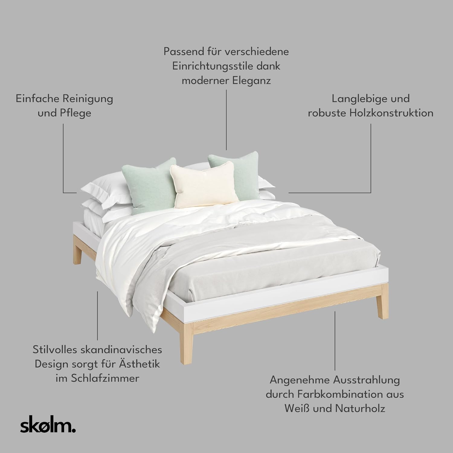 skølm Freyr Bett 140x200 cm, Holzbett weiß/Natur Scandi Style, Doppelbett aus Birke Massivholz und MDF, Bettgestell ohne Kopfteil, Maße: H 32 x B 146 x T 206 cm – B-Ware