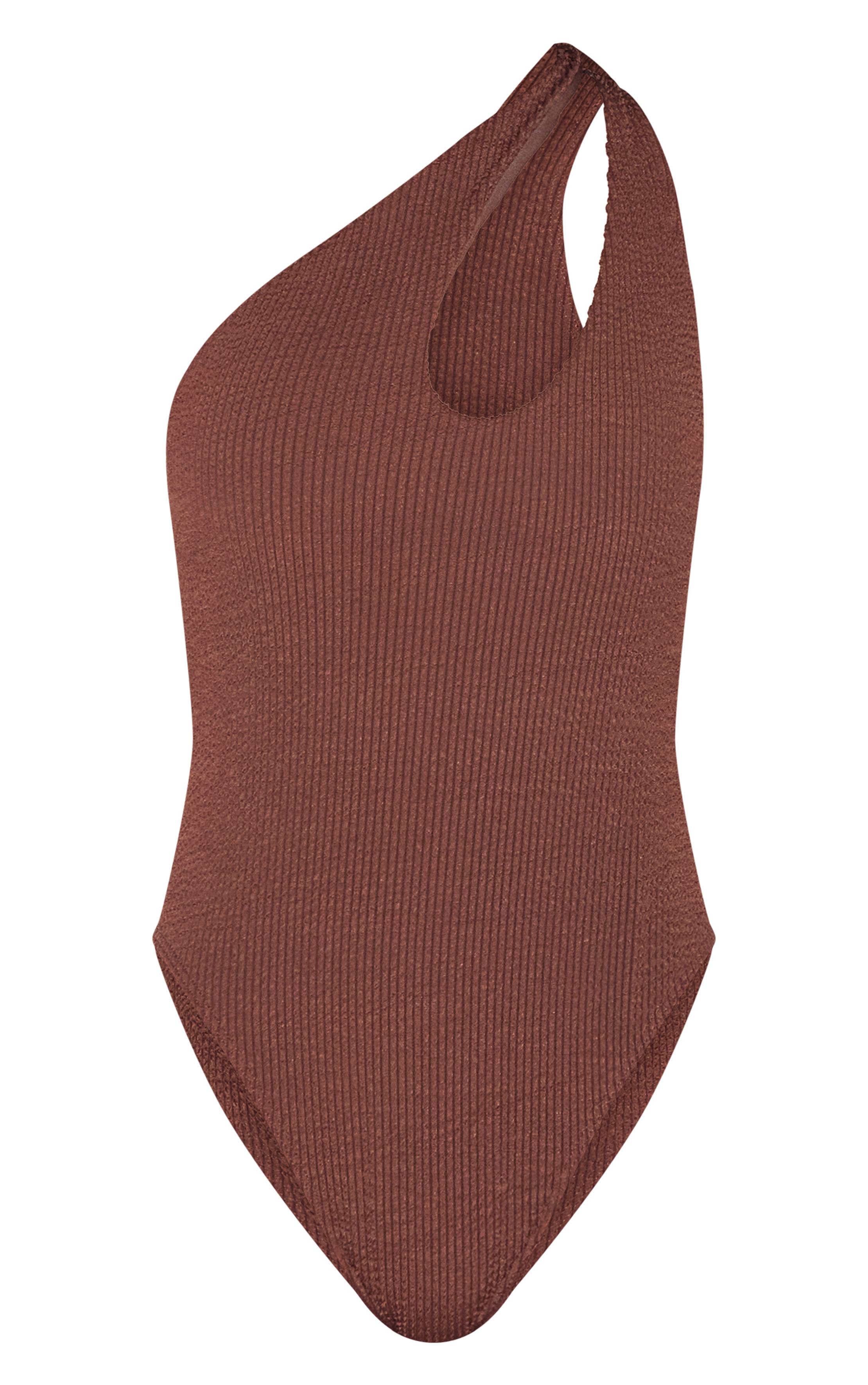 Marron Chocolat Maillot De Bain Une Épaule À Découpe Marron Chocolat Froissé