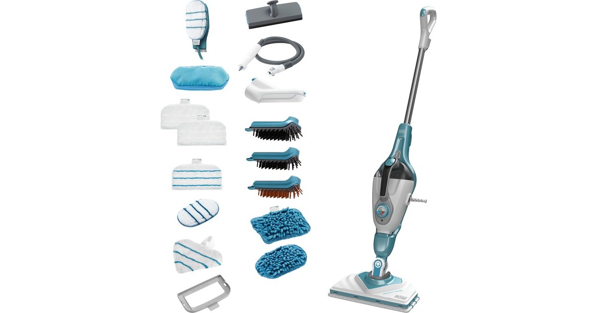BLACK+DECKER1600W Steam-mop BHSM1615DAM-QS stoomreiniger  (Wit/blauw, Incl. SteaMitt, deltavoet en 17 accessoires)