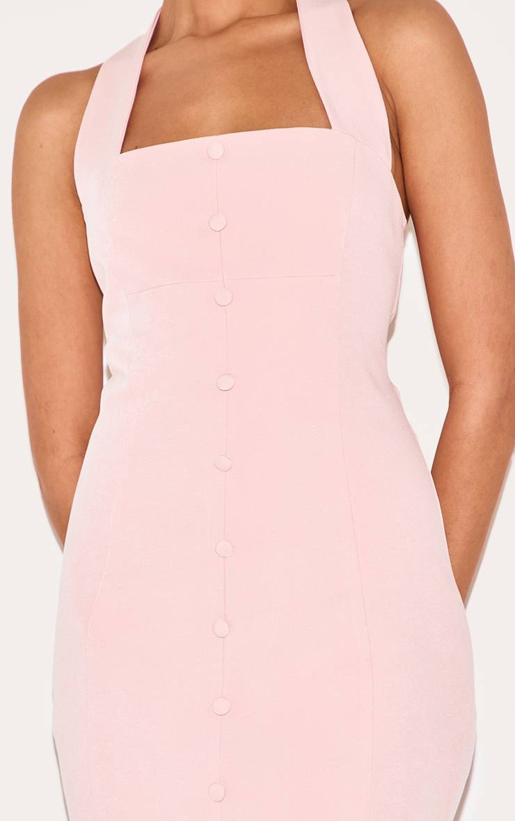 Rose Poudré Robe Longue Tissée À Col Licou Avec Boutons
