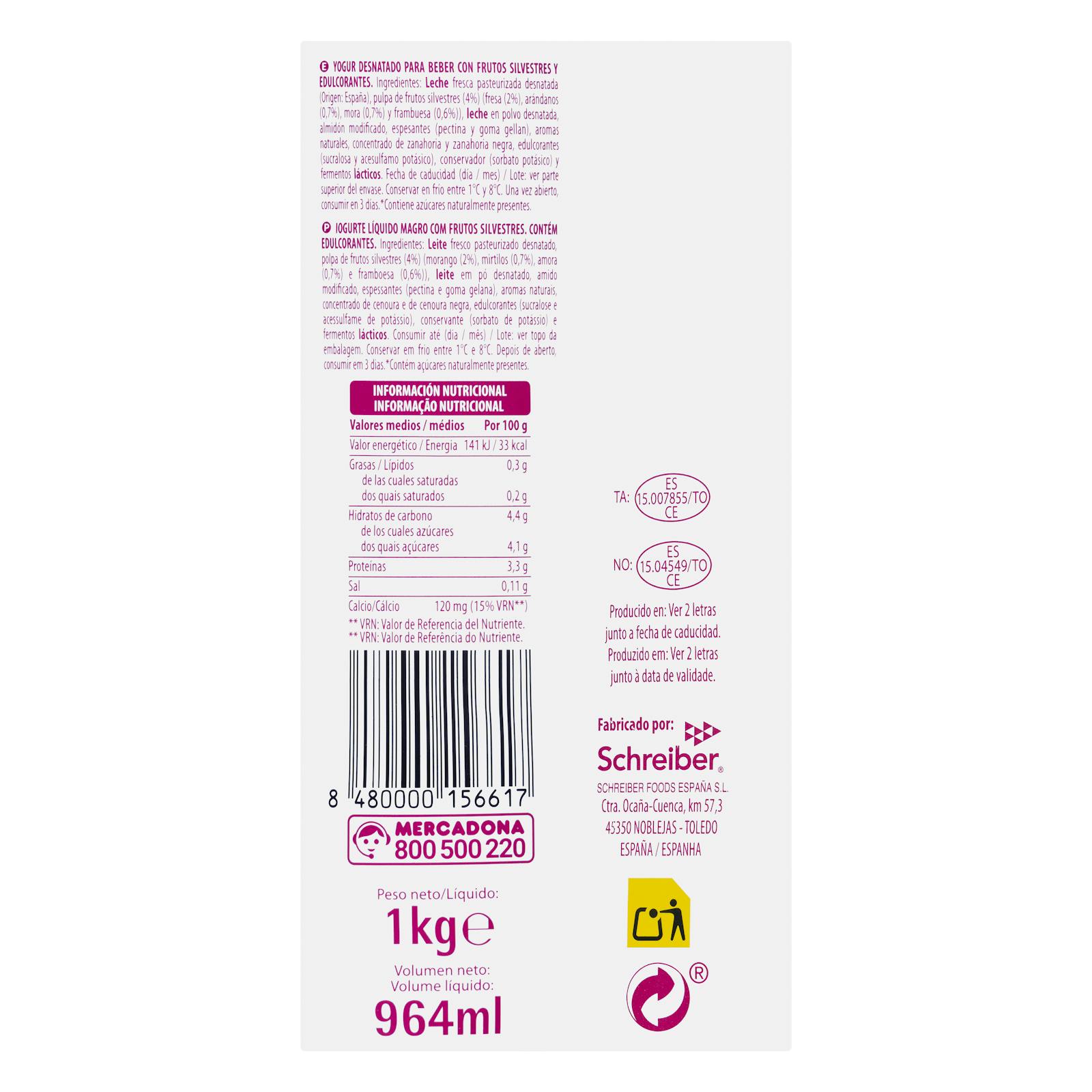 Yaourt liquide écrémé aux fruits sauvages Hacendado 0% mg 0% sans sucres ajoutés