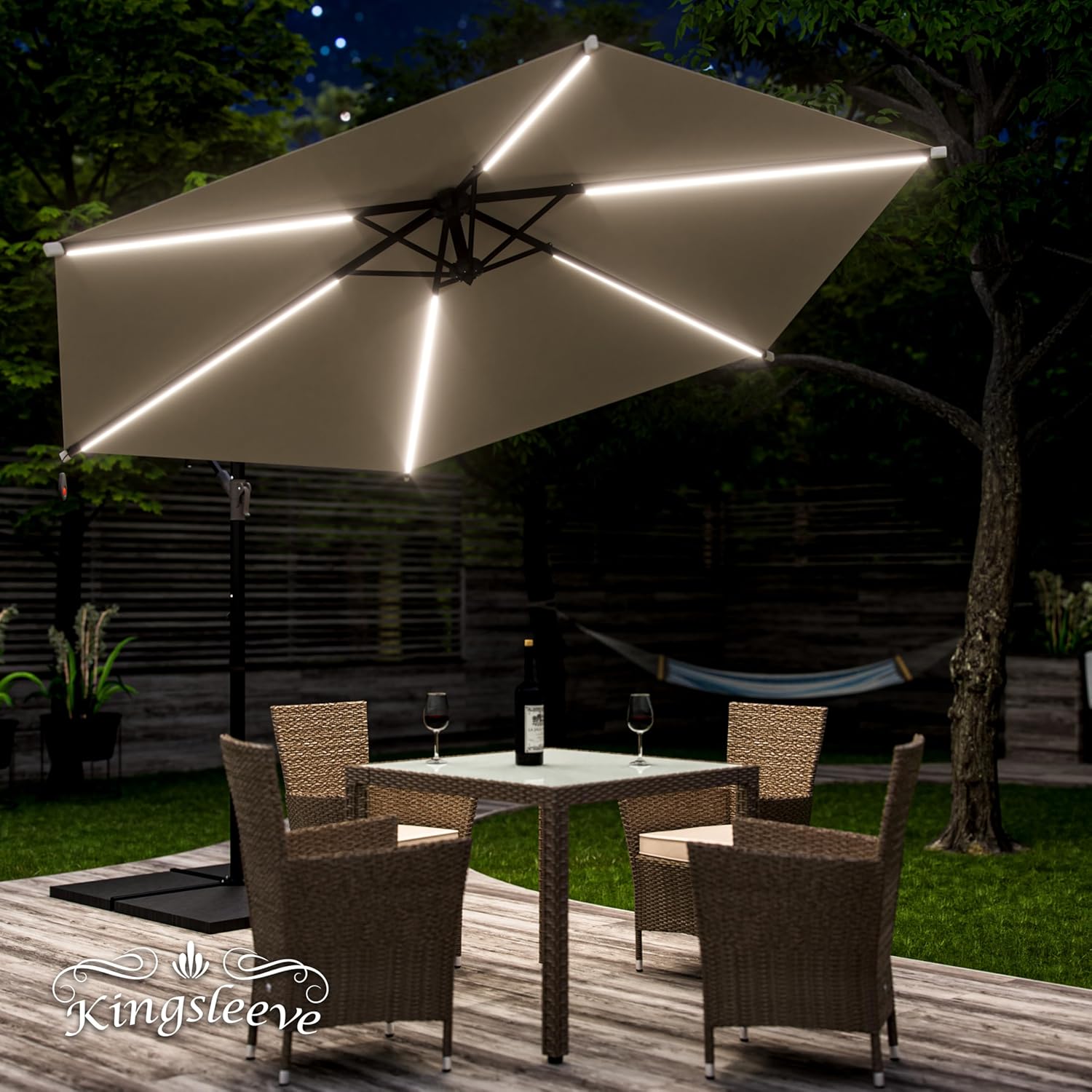 Kingsleeve® Ampelschirm LED Beleuchtung UV Schutz 80+ Solar Ständer Schutzhülle 350cm Groß Kurbel Balkon Terrasse Gartenschirm Sonnenschirm Creme