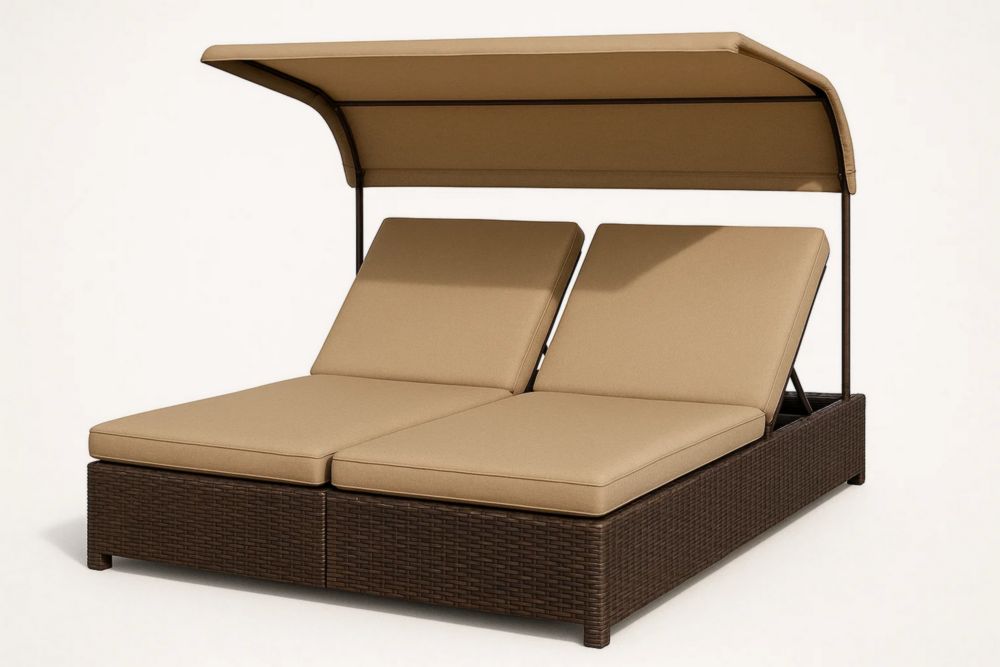 Doppelte Sonnenliege Polyethylengeflecht Beige Verstellbar Mit Baldachin 200x160x150 cm