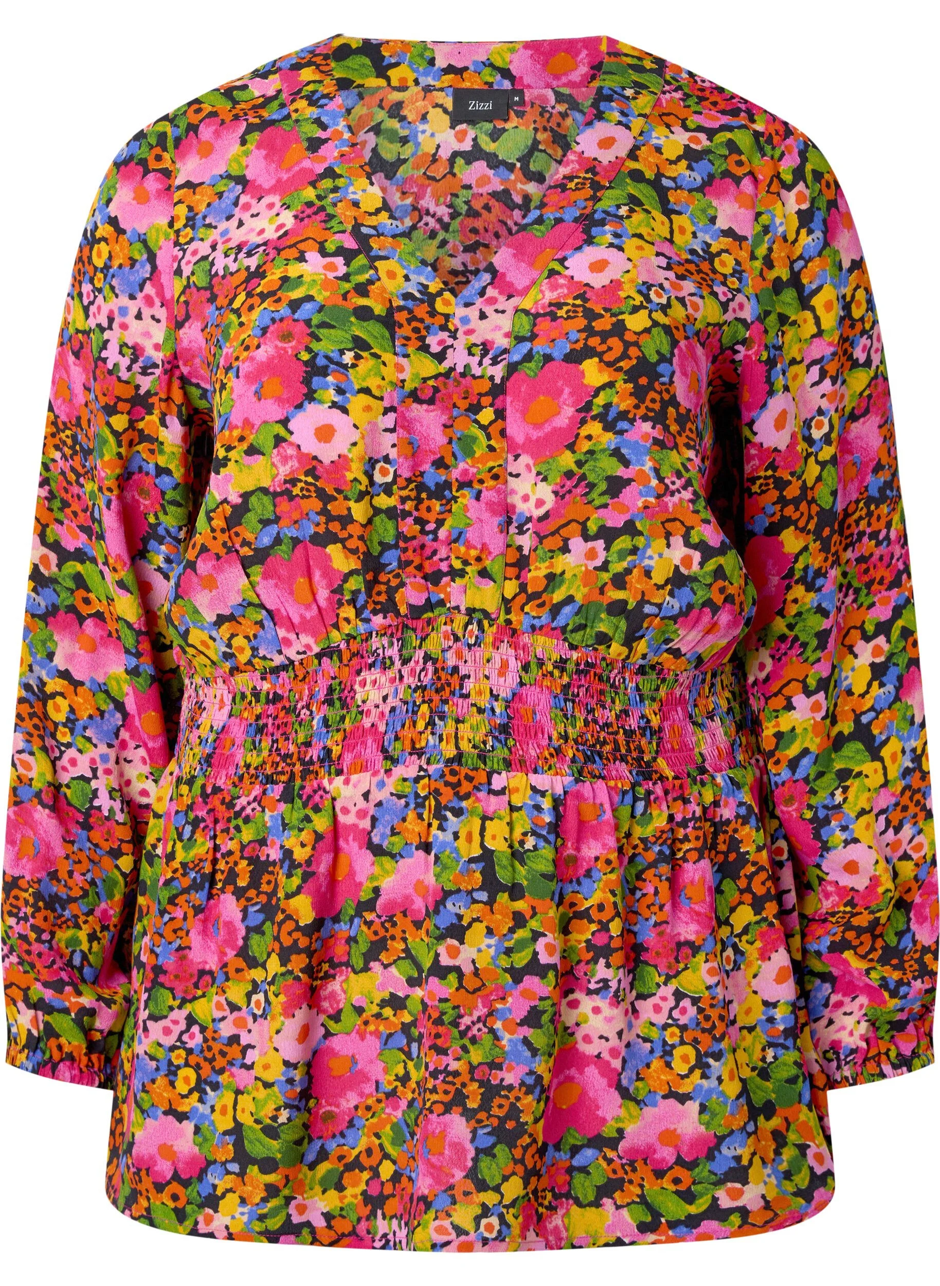 Viskosebluse med blomsterprint og smock