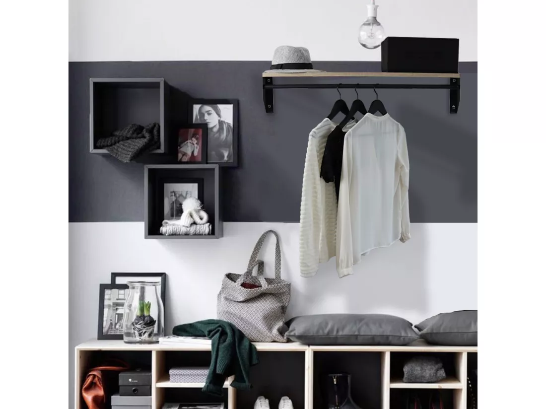 Penderie étagère murale bois et métal L90 cm STEFF