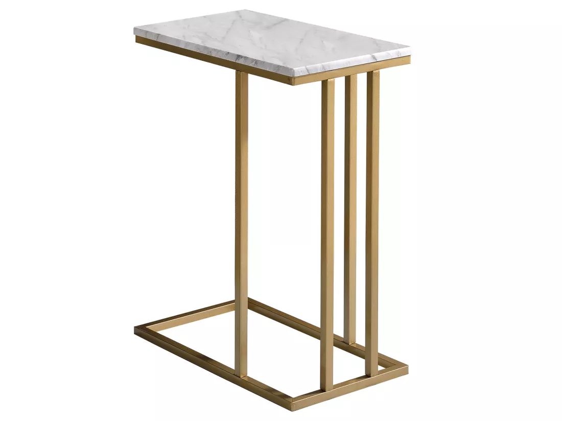 Bout de canapé CARLOTA en métal doré et plateau rectangulaire en MDF décor marbre blanc, table d'appoint table à café table basse